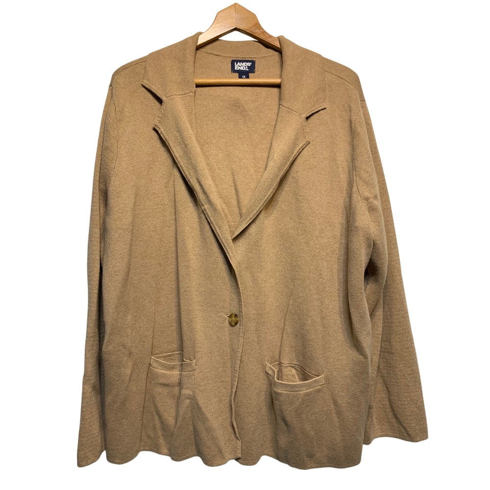 Lands End Knit Blazer Cardigan 1X Camel Tan 100% Cotton Pocket Classic Earthy